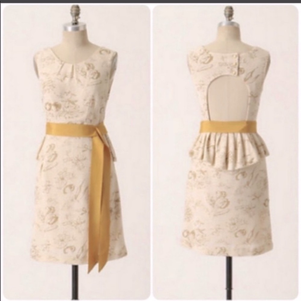 Anthropologie Moulinette Soeurs | Gold Window Pane Peplum Dress Size 6